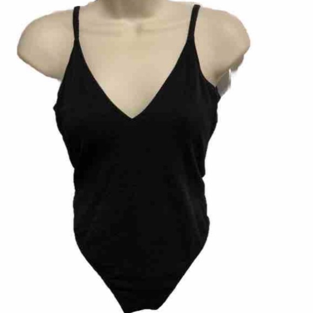 LEITH Black Textured One Piece Swimsuit V Neck Plunge Back Womens Medium